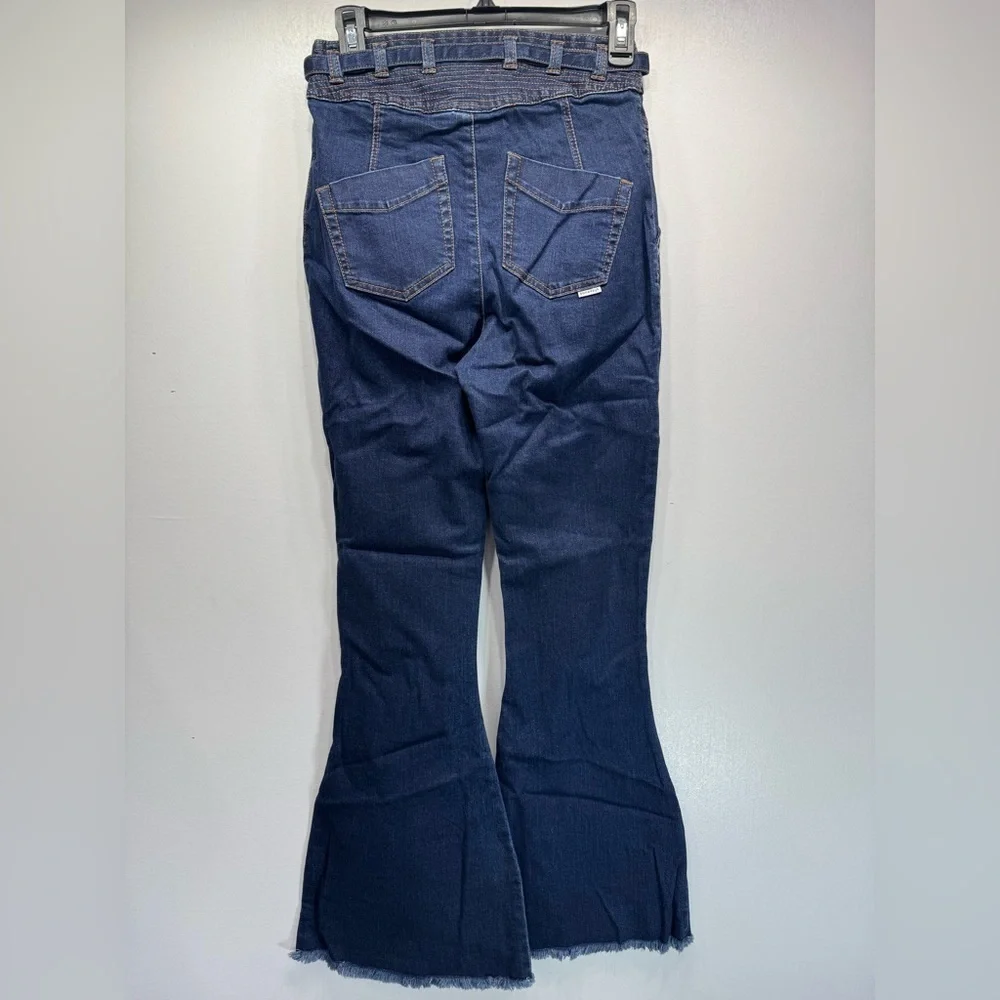 Some Days Lovin Orion High Waist Flare Jeans Fringed Dark Wash Tie Belt